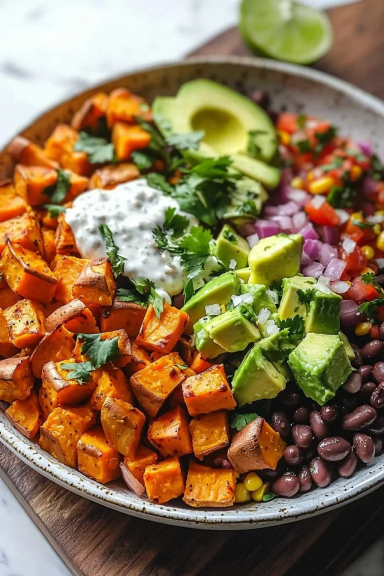 Süßkartoffel-Taco-Bowl mit frischem Gemüse und Toppings
