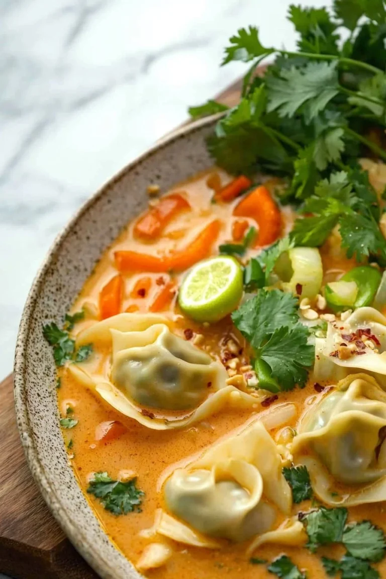 Thailändische Rote-Curry-Wonton-Suppe mit frischen Zutaten und Gewürzen