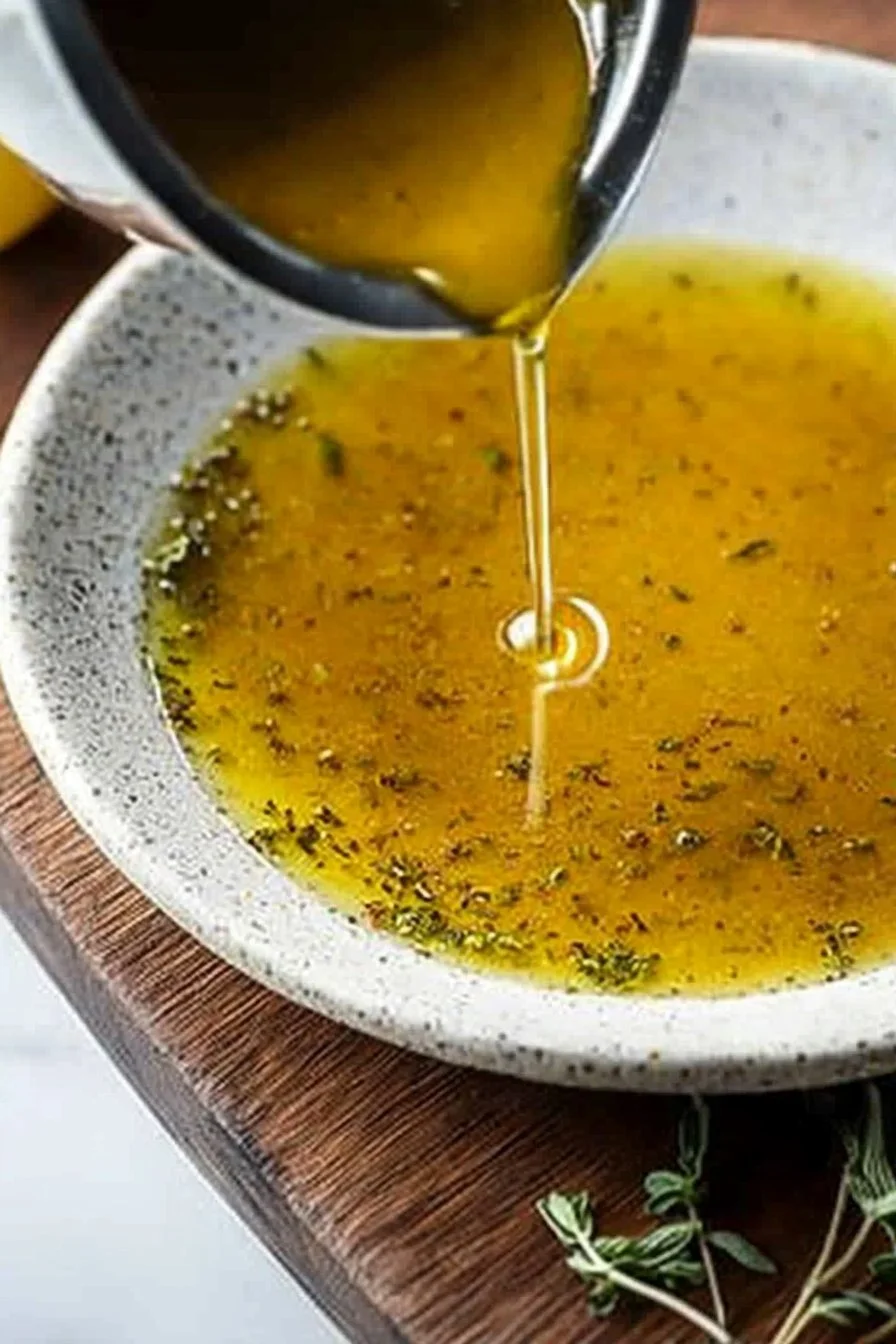 Homemade Greek salad dressing poured over fresh vegetables