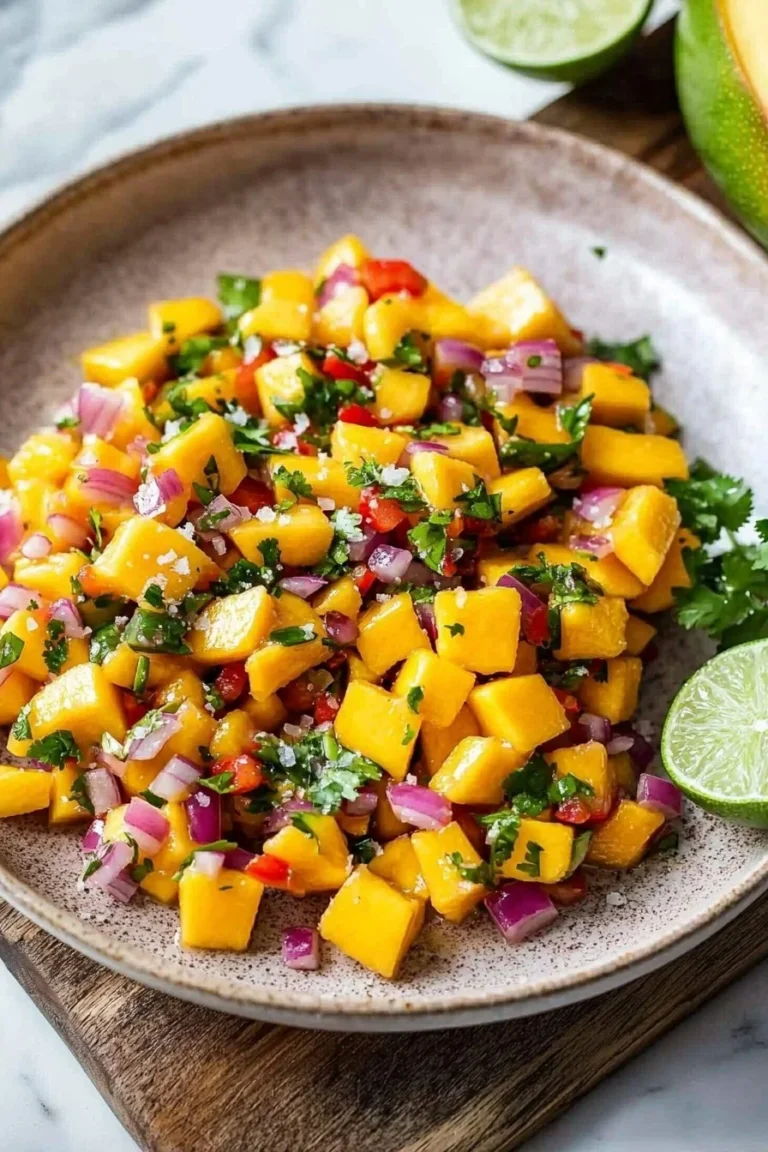 Schüssel mit frischem Mango Salsa, ideal für Snacks und Grillgerichte.