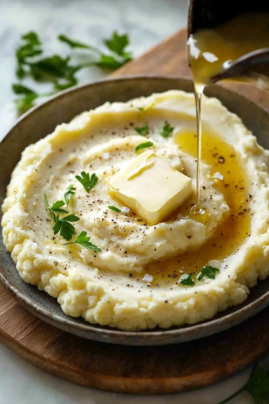Creamy mashed cauliflower dish garnished with herbs