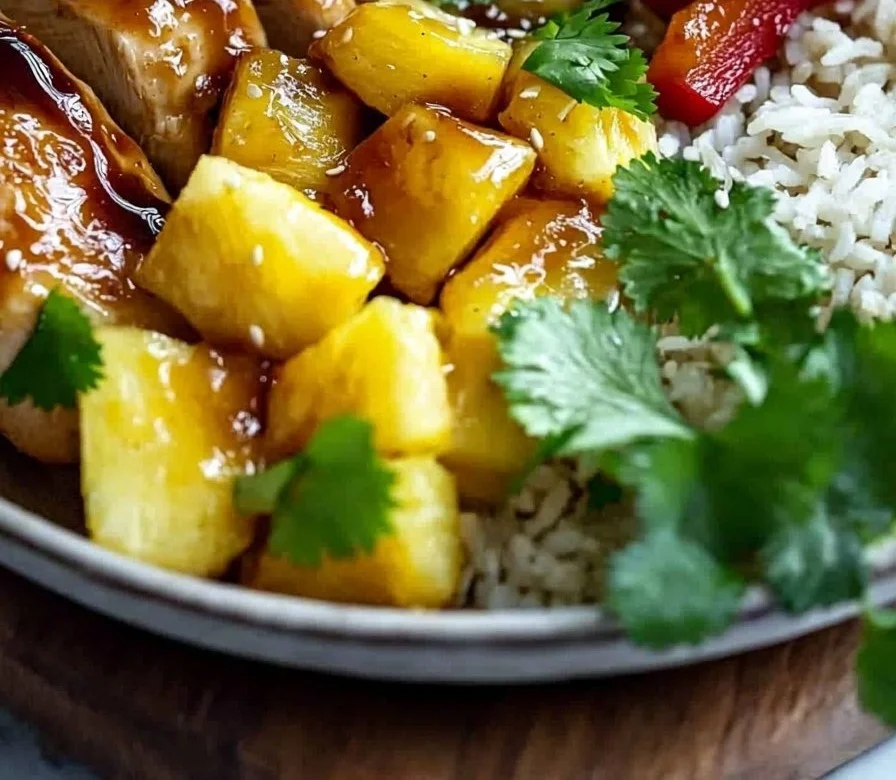 Tropische Ananas-Hähnchen-Schüssel mit frischen Zutaten und ansprechender Präsentation.