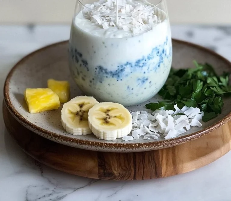 Tropischer Kokosnusswolken-Smoothie in einem Glas mit frischen Zutaten