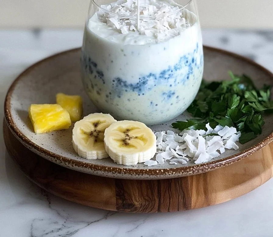 Tropischer Kokosnusswolken-Smoothie in einem Glas mit frischen Zutaten
