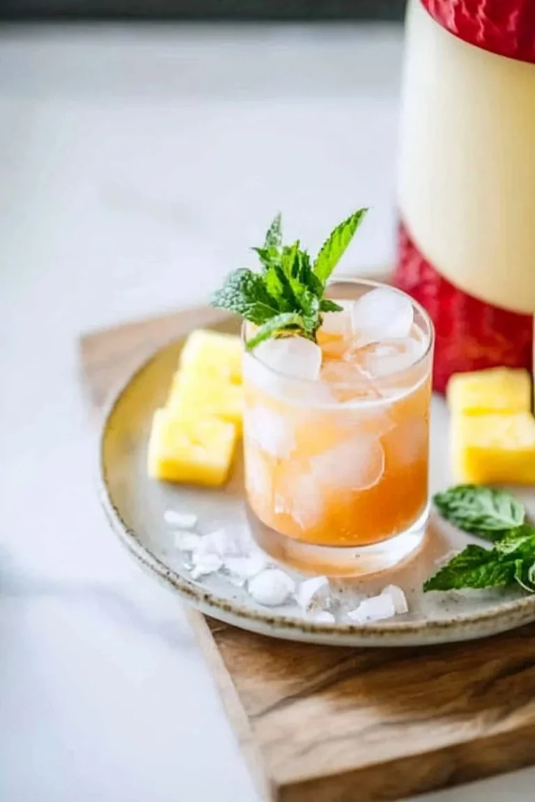Tropischer Sonnenuntergang Mocktail in einem Glas mit Früchten und Eis