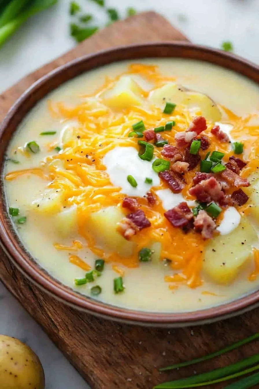 Überbackene Kartoffelsuppe in einer Schüssel mit Käse und frischen Kräutern