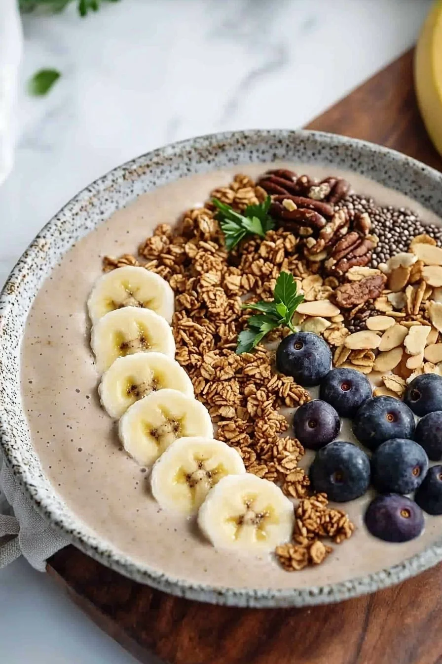 Leckere Vanille-Banane-Smoothie-Schüssel mit frischen Zutaten