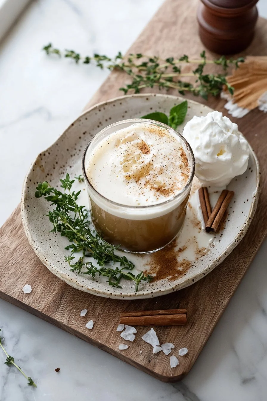 Vanille Chai Tee Sahne Mocktail in einem stilvollen Glas mit Gewürzen