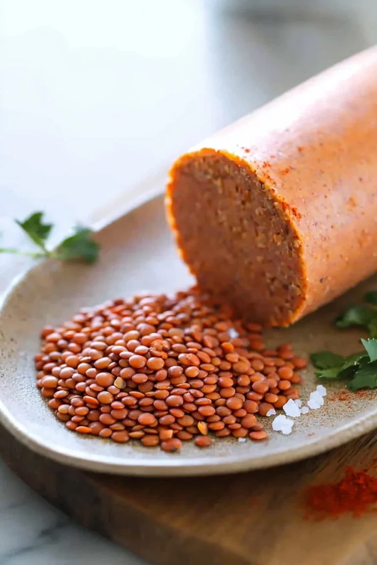 Vegane Lyoner aus roten Linsen auf einem Holzteller angerichtet.