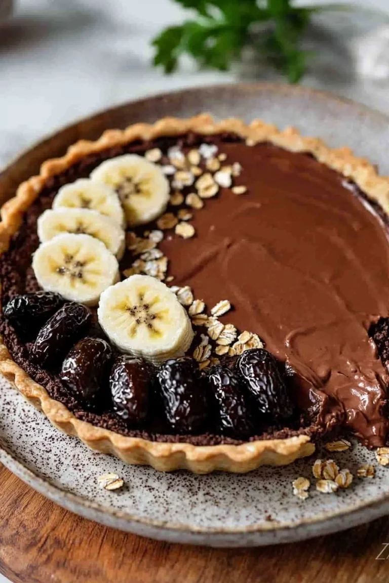 Vegane Schoko-Bananen-Tarte ohne Zucker auf einem Teller