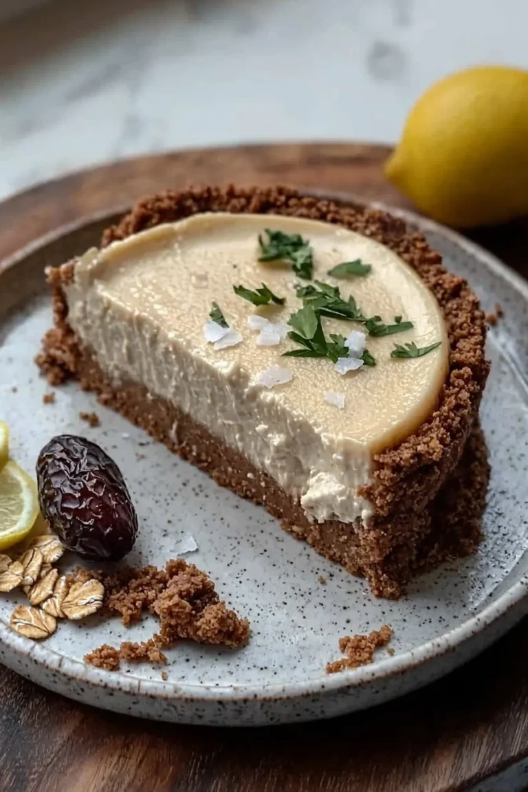 Ein Stück veganer Käsekuchen auf einem Teller, dekoriert mit frischen Beeren.