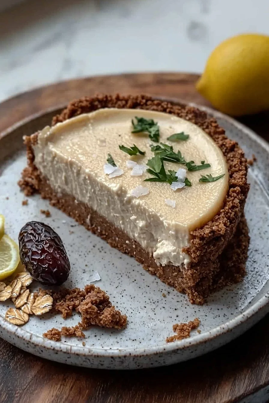 Ein Stück veganer Käsekuchen auf einem Teller, dekoriert mit frischen Beeren.