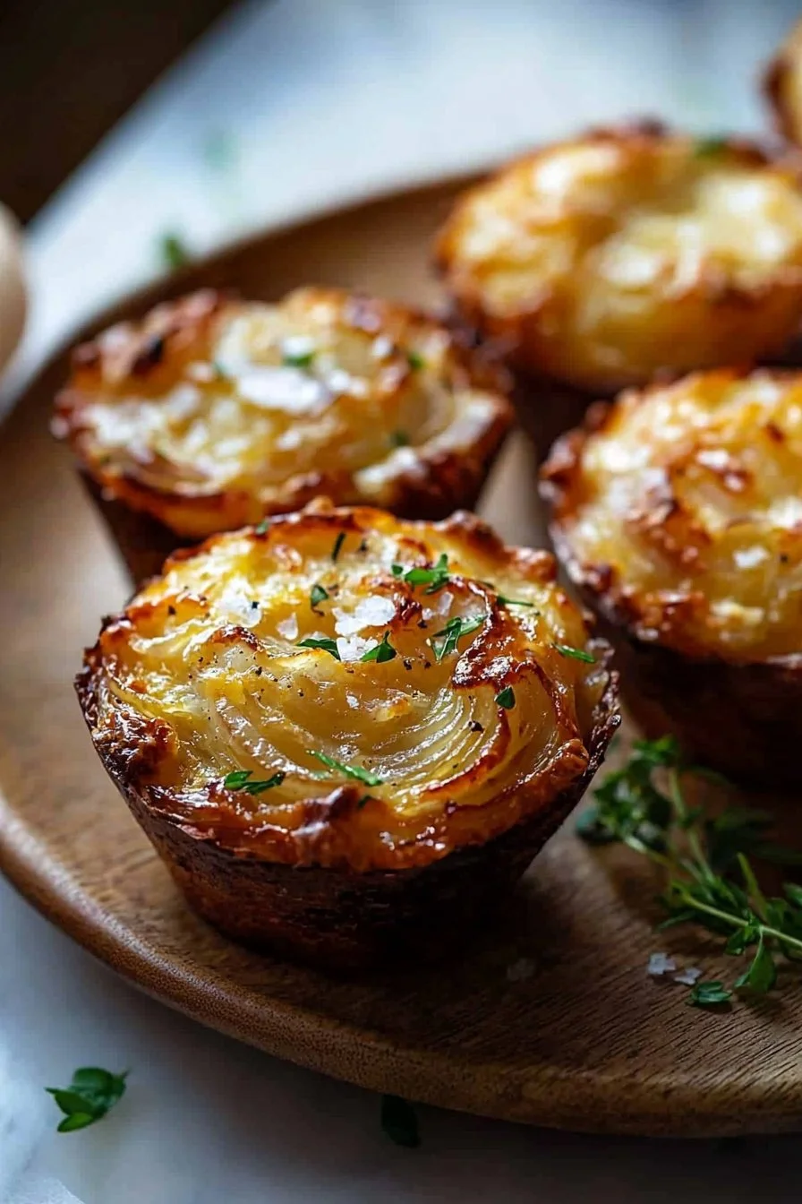 Leckere vegetarische Zwiebelkuchenmuffins frisch gebacken auf einem Teller