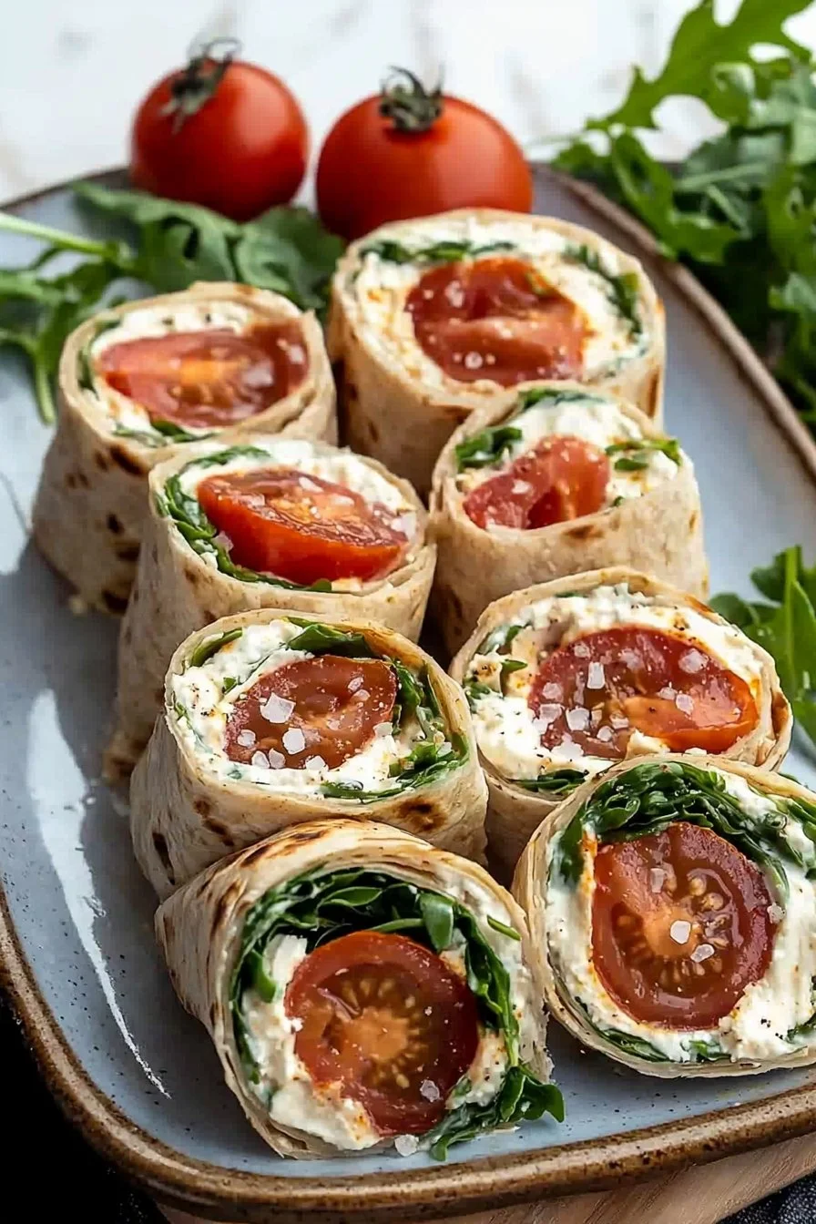 Vegetarische Wrap-Röllchen gefüllt mit Tomaten und Rucola