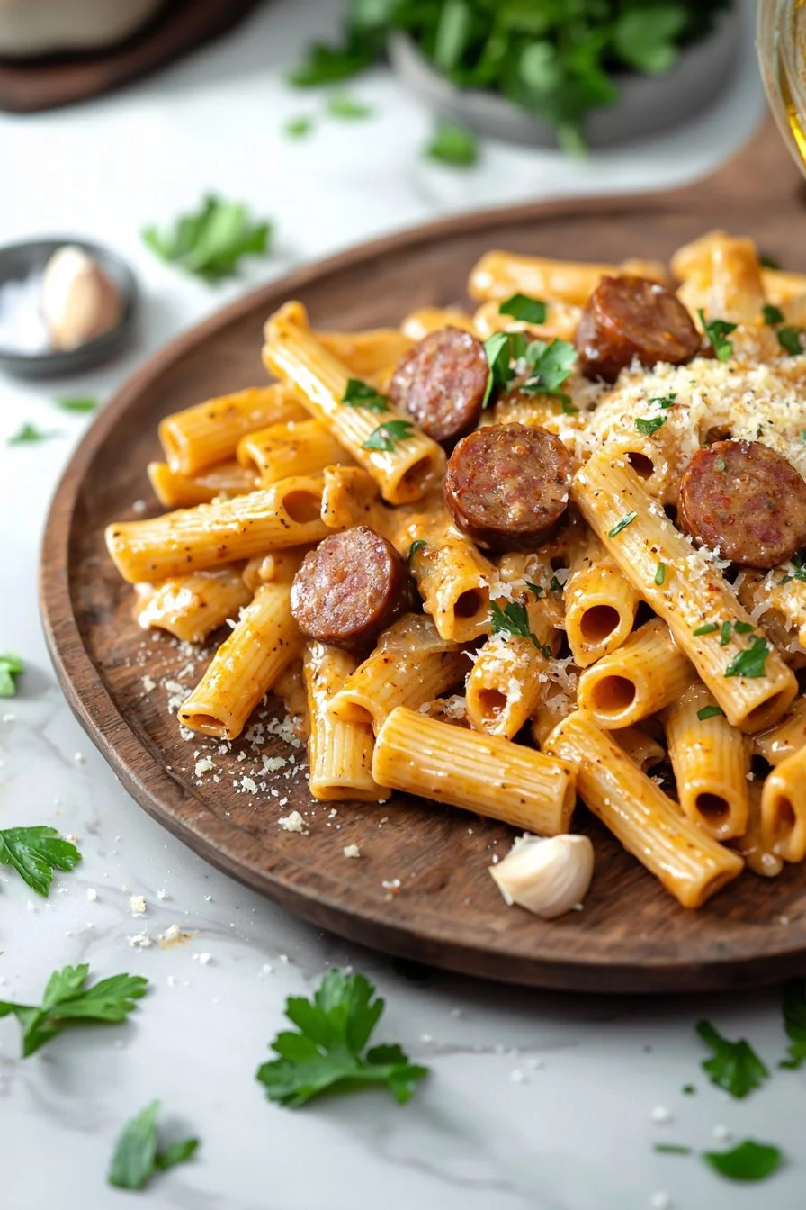 Würzige, cremige Rinderwürstchen-Pasta in einer Schüssel serviert