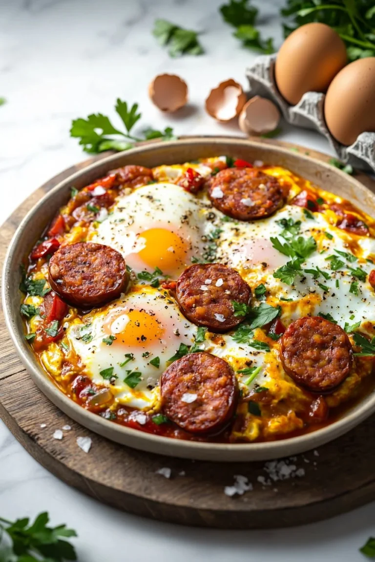 Würzige Hähnchenwürstchen-Shakshuka in einer Pfanne serviert
