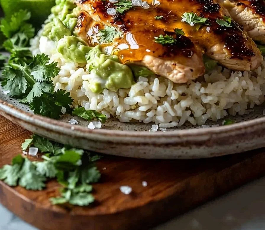 Würziges Honig-Limetten-Hähnchen serviert mit Avocado-Reis auf einem Teller.