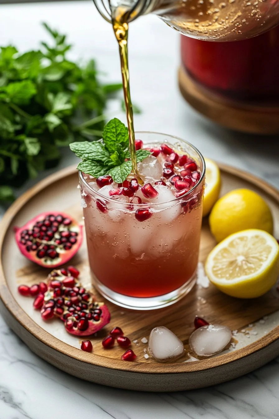 Würziger Granatapfel-Ingwer-Mocktail in einem Glas mit frischen Zutaten