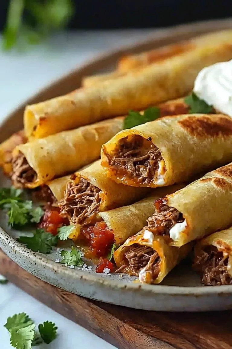 Zerkleinertes Rindfleisch Taquitos auf einem Teller angerichtet.