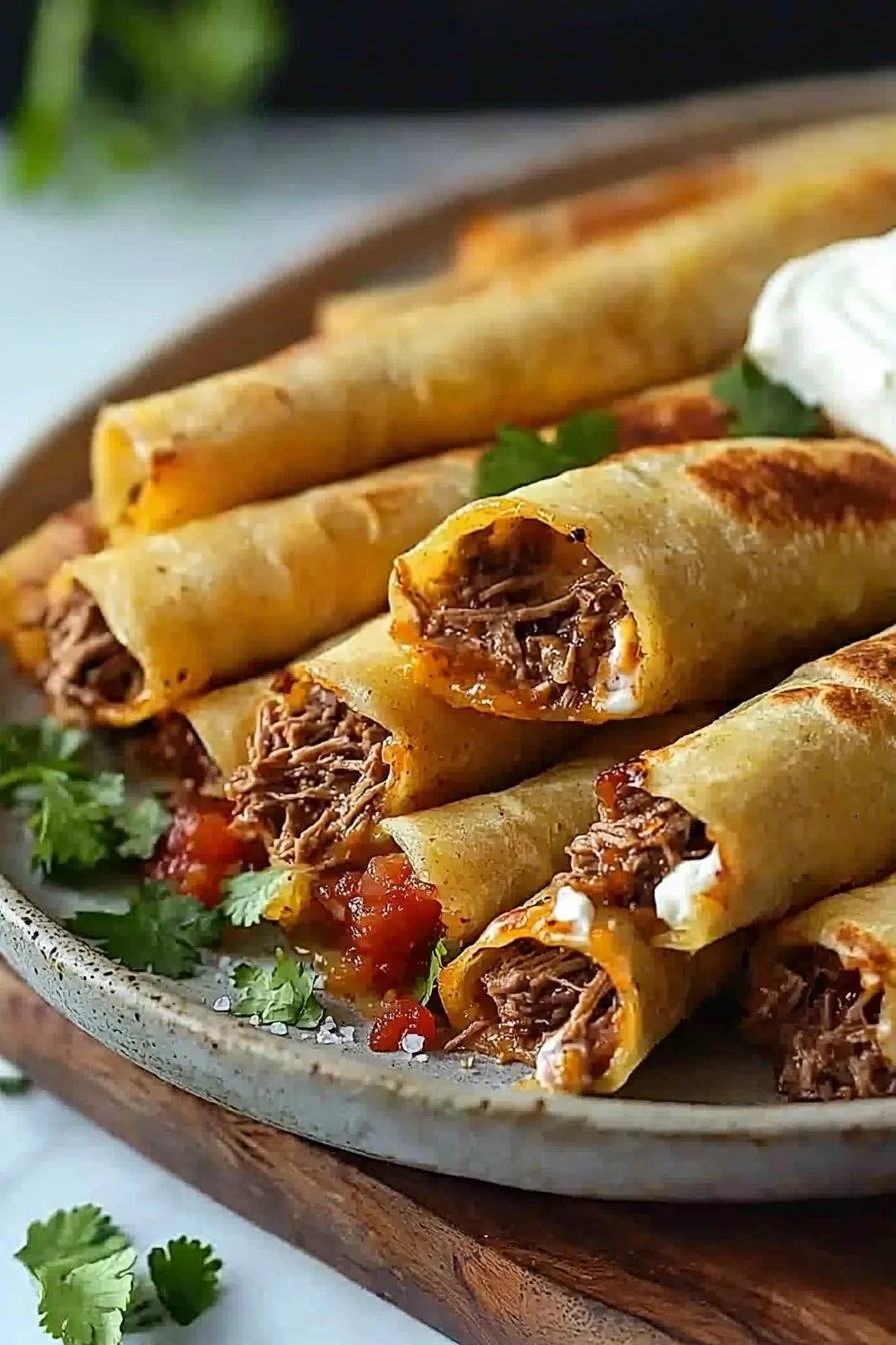 Zerkleinertes Rindfleisch Taquitos auf einem Teller angerichtet.