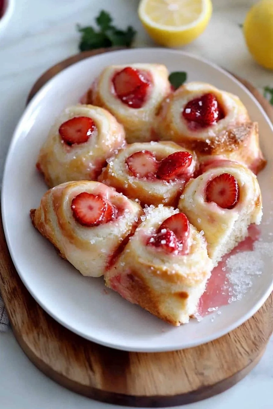 Zitronen-Erdbeer-Süßbrötchen mit frischen Erdbeeren und Zitronenleckerei