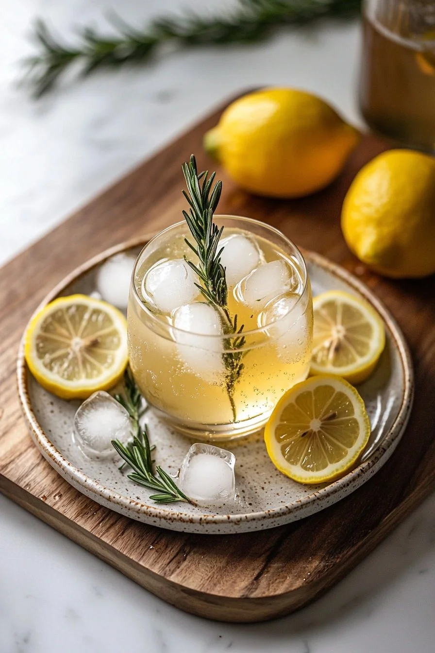 Erfrischender Zitronen-Rosmarin-Spritzmoctail in einem Glas