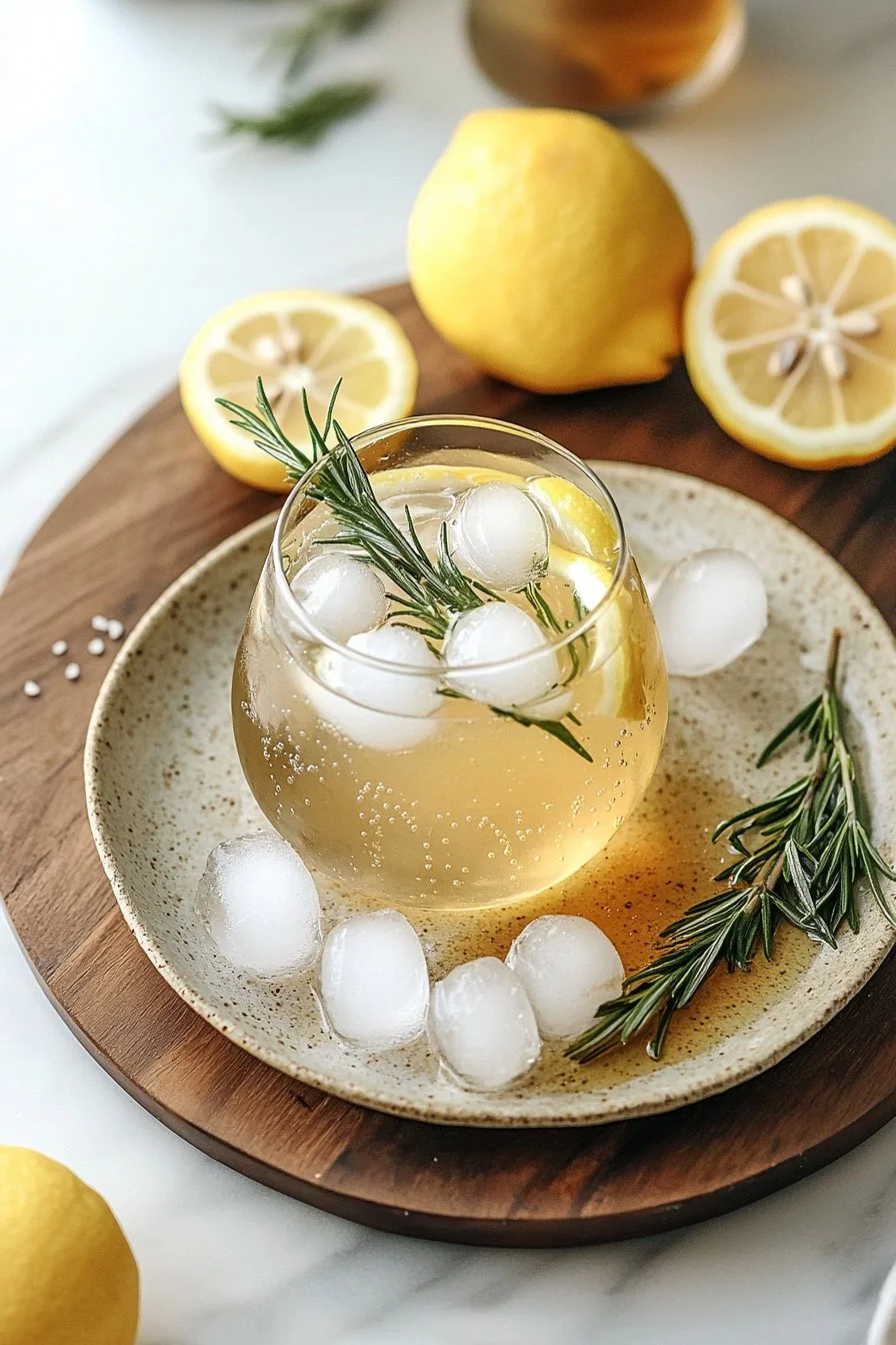Zitronen Rosmarin Sprudel-Mocktail in einem eleganten Glas mit frischen Zutaten
