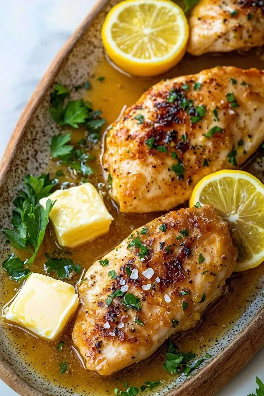 Zitronenbutterhähnchen zubereitet mit frischen Zutaten und Zitronenscheiben