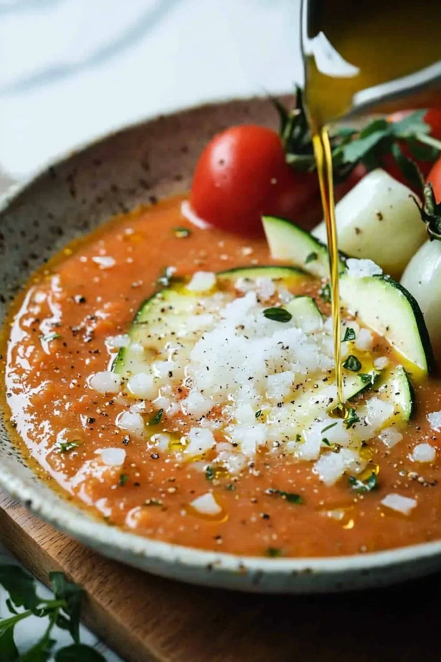 Schüssel mit Zucchini-Tomatensuppe, frisch zubereitet und serviert.