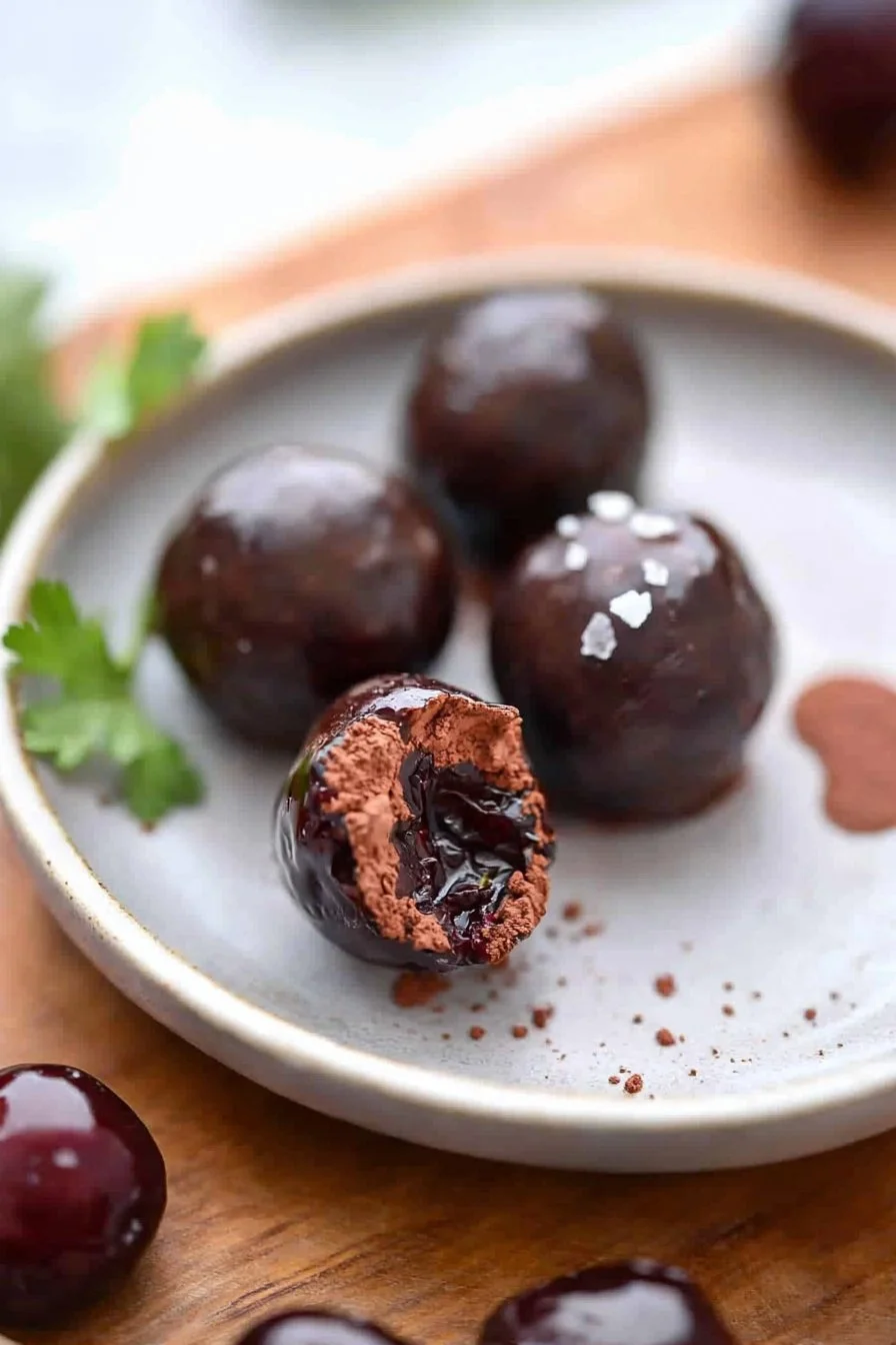Drei Zutaten Cherry Chocolate Bliss Balls auf einem Teller.