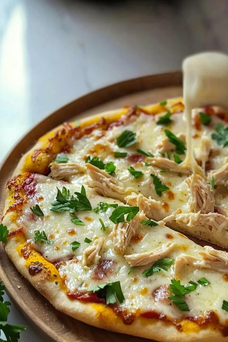 Alfredo-Hühn-Teigpizza mit cremiger Sauce und zartem Hühnchen