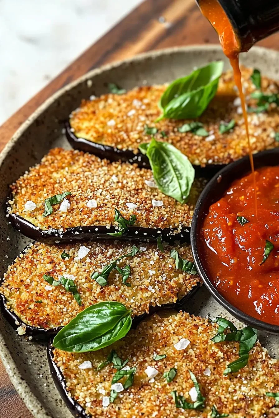 Auberginen-Schnitzel mit Tomatensauce auf einem Teller serviert