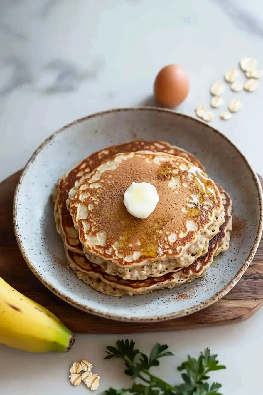 Bananen-Haferflocken-Pfannkuchen auf einem Teller, lecker und gesund.