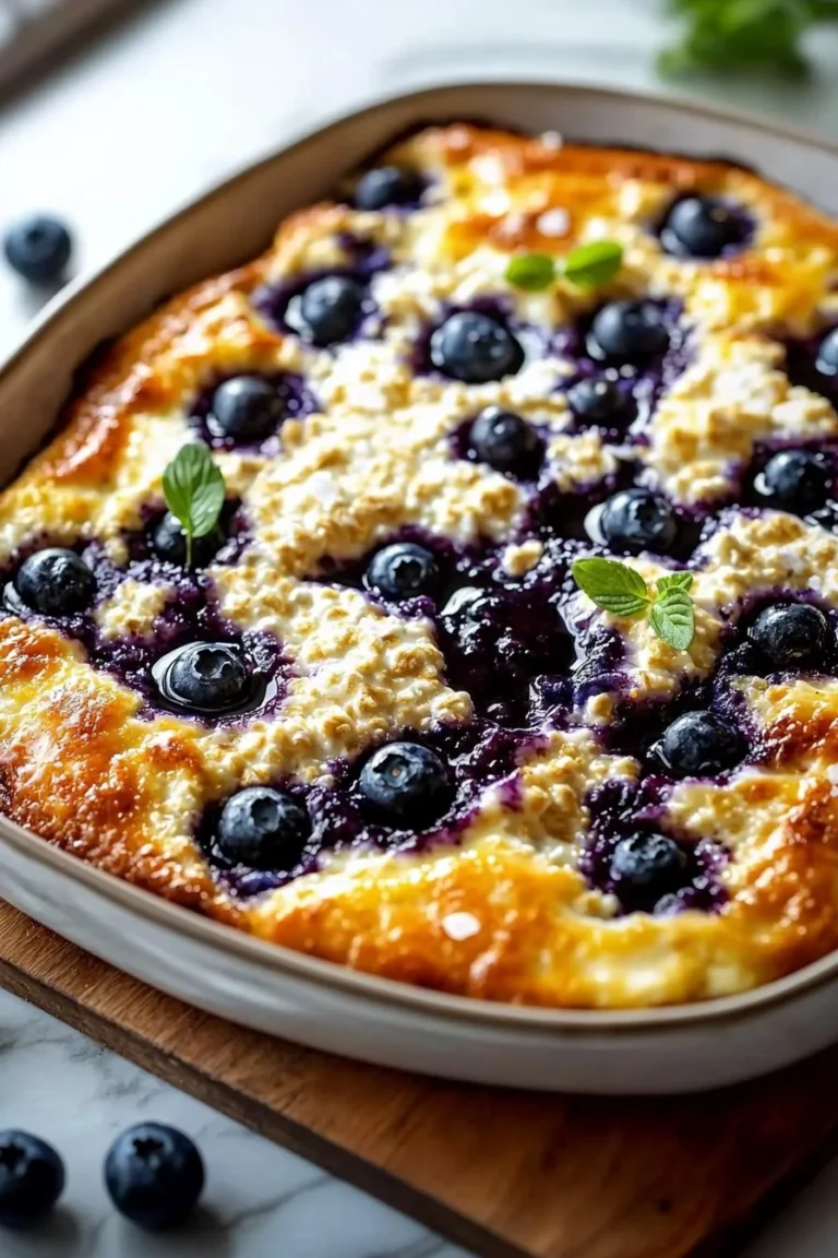 Leckerer Blaubeer-Hüttenkäse-Auflauf auf einem Holzbrett serviert