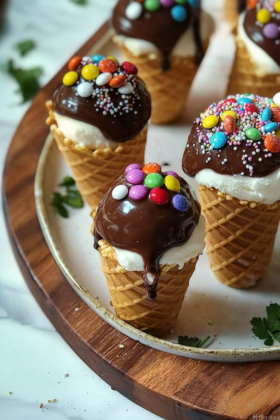 Bonbongefüllte Eiskegel Cakepops in bunten Farben auf einem Tisch