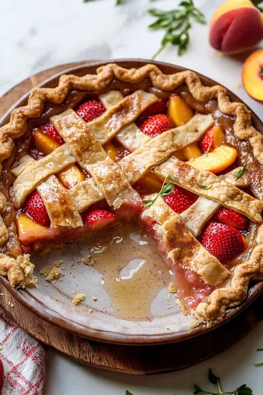 Braune Butter Erdbeer-Pfirsich-Pie mit frischen Erdbeeren und Pfirsichen