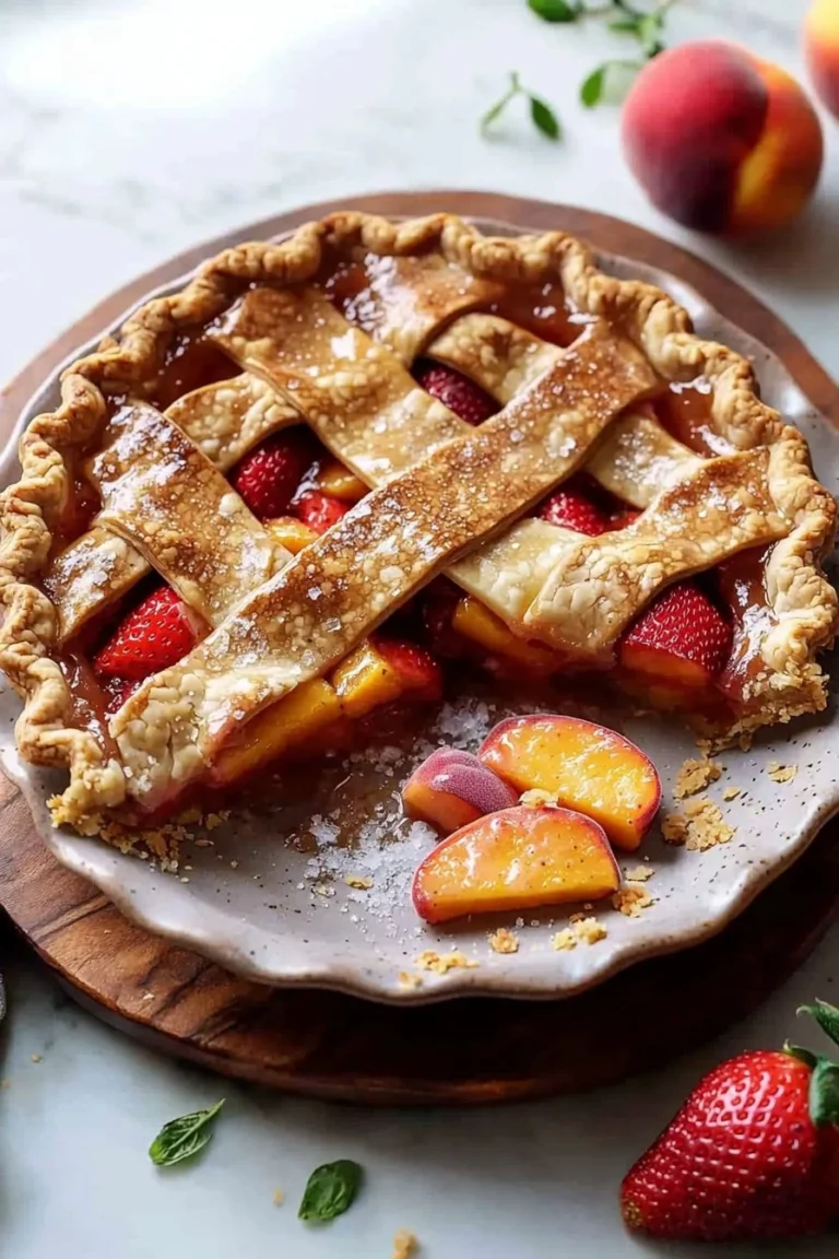Brauner Butter Erdbeer-Pfirsichkuchen mit frischen Früchten