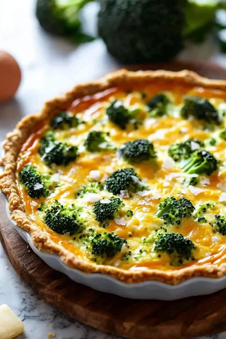 Brokkoli-Käse-Quiche frisch aus dem Ofen mit goldbrauner Kruste
