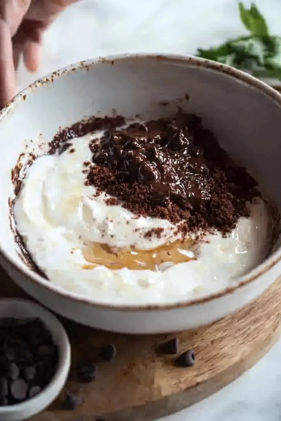Brauner, cremiger Brownie Teig in einer Schüssel aus Joghurt zubereitet