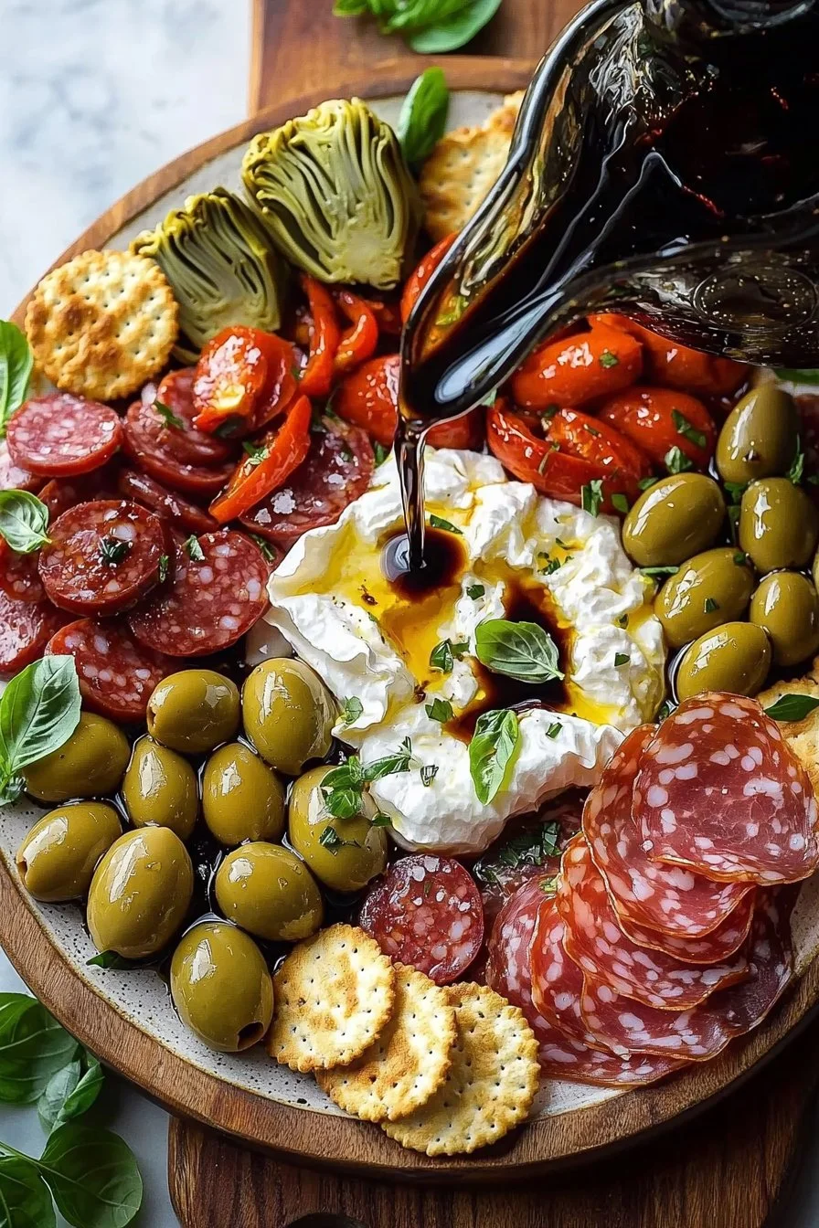 Burrata-Antipasti-Platte mit frischem Gemüse und Brot