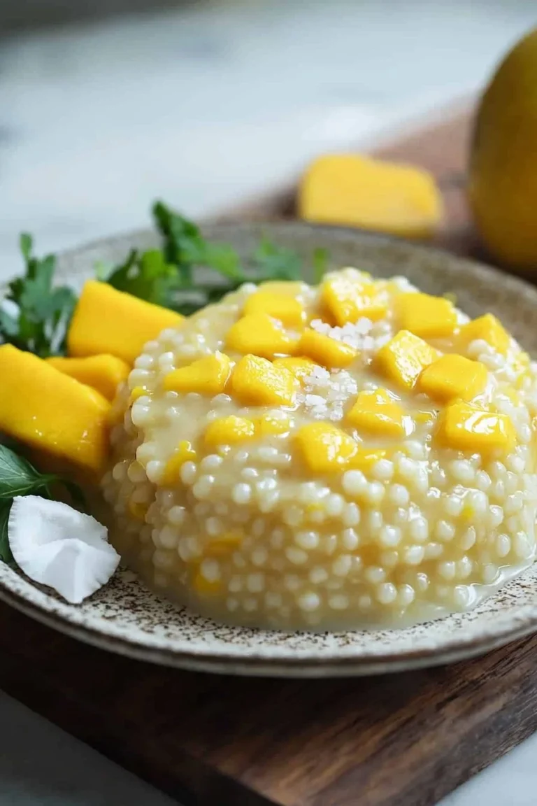 Cremiger Mango Sago in einer Schüssel mit frischen Mangostücken