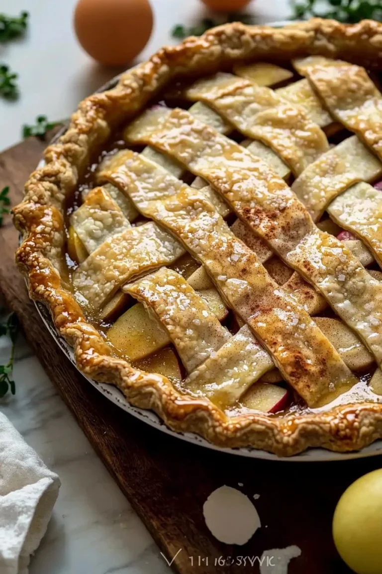 Ein köstlicher Apfelkuchen auf einem Holzbrett serviert, garniert mit Zimt.