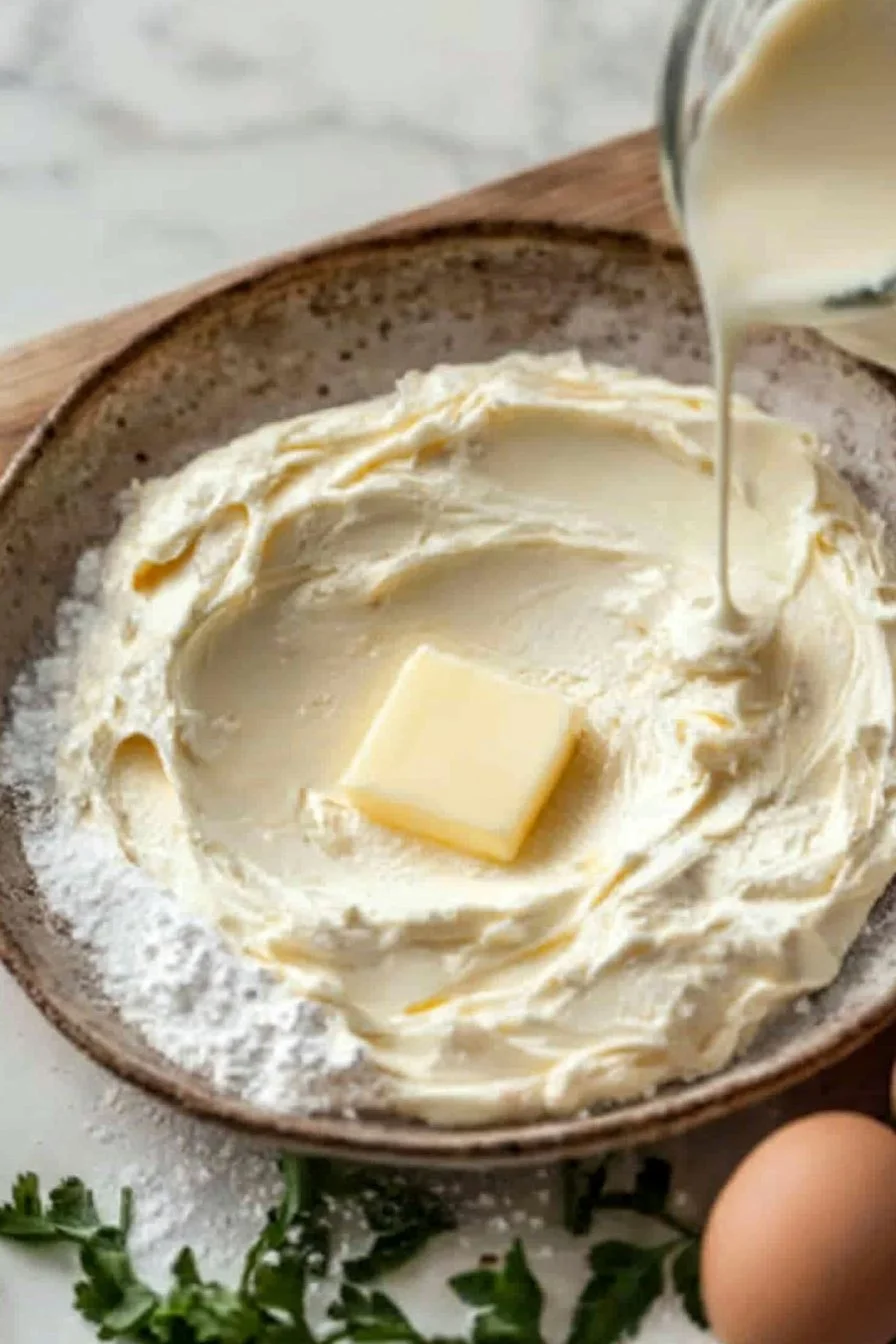 Schüssel mit frisch zubereiteter Deutscher Buttercreme zum Backen.
