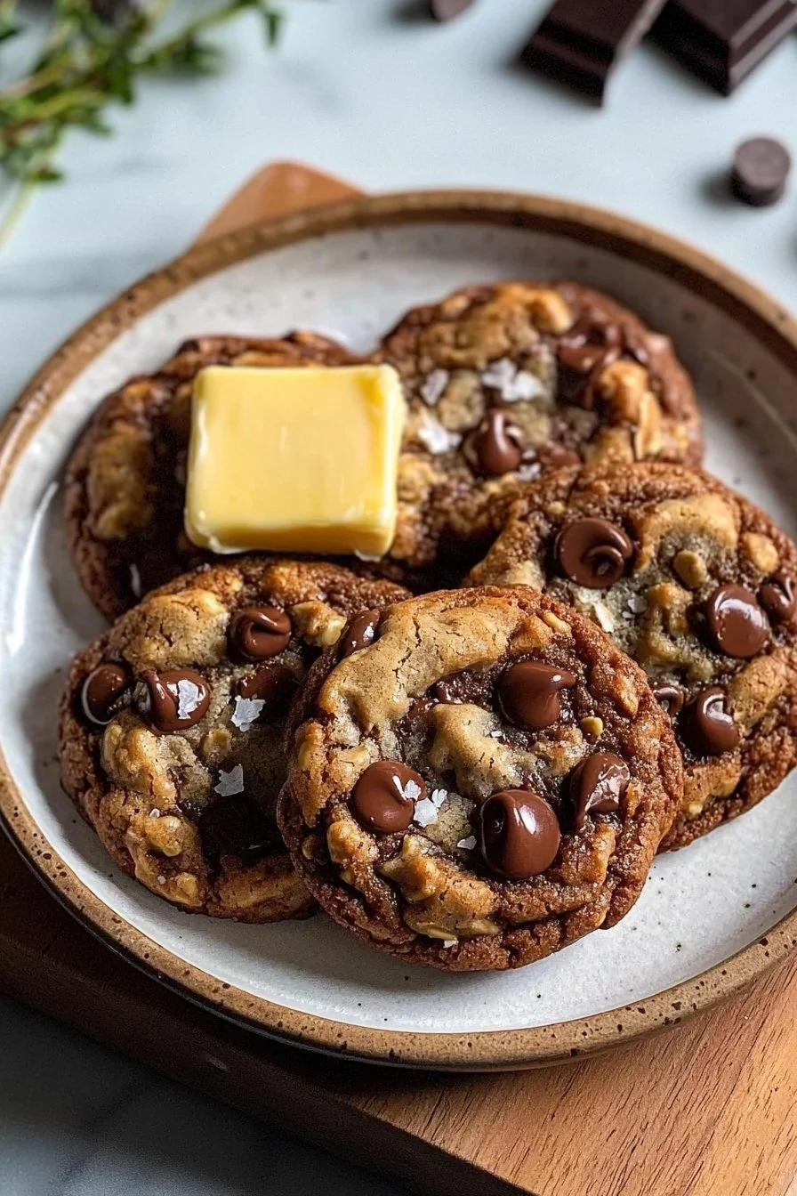 Leckere Schokoladenkekse mit brauner Butter auf einem rustikalen Holzbrett