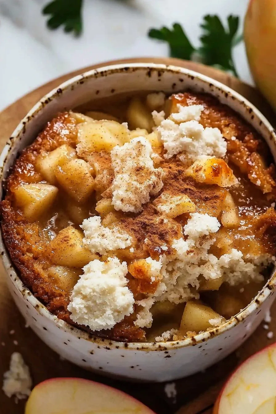 Eierloser Apfel-Mug-Cake in einer Tasse mit frischen Äpfeln dekoriert