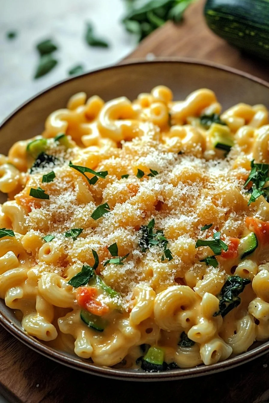 Ein Topf Gemüse-Mac and Cheese mit buntem Gemüse und cremigem Käse.