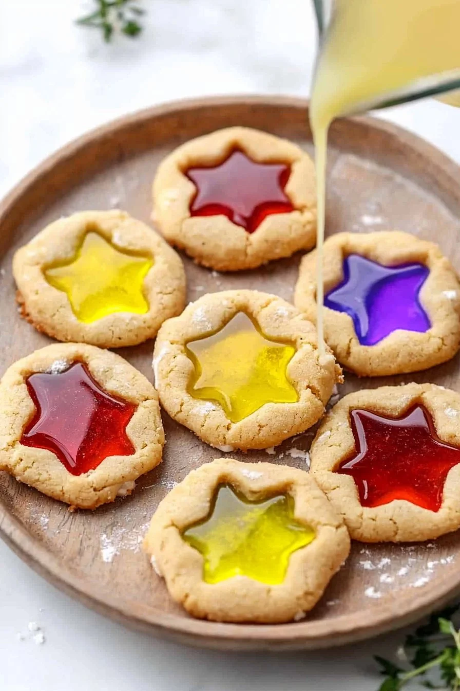 Buntglasplätzchen auf einem Teller, ideal für festliche Anlässe.