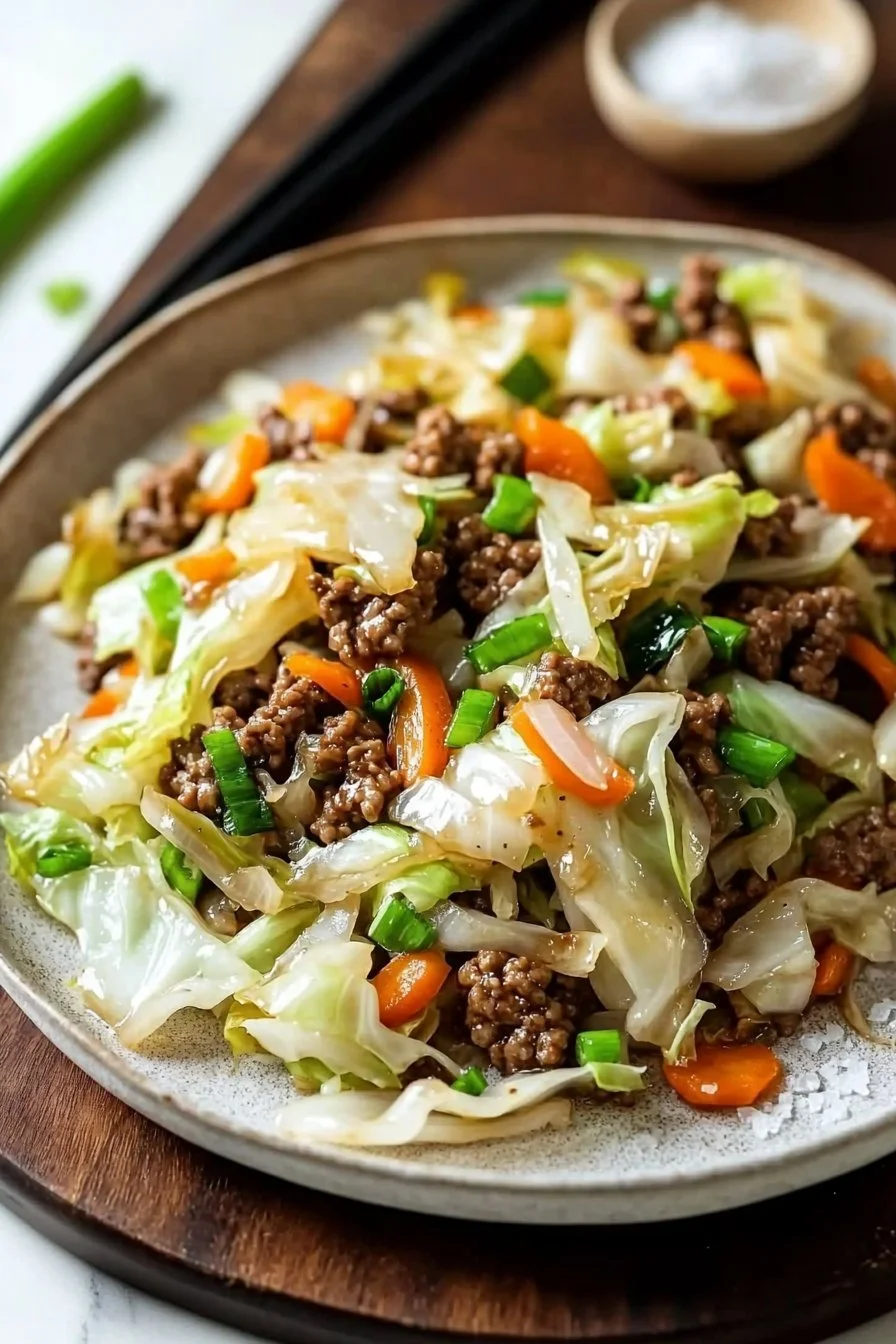 Einfache chinesische Rinderhackfleisch-Pfanne mit frischem Kohl und Gewürzen.