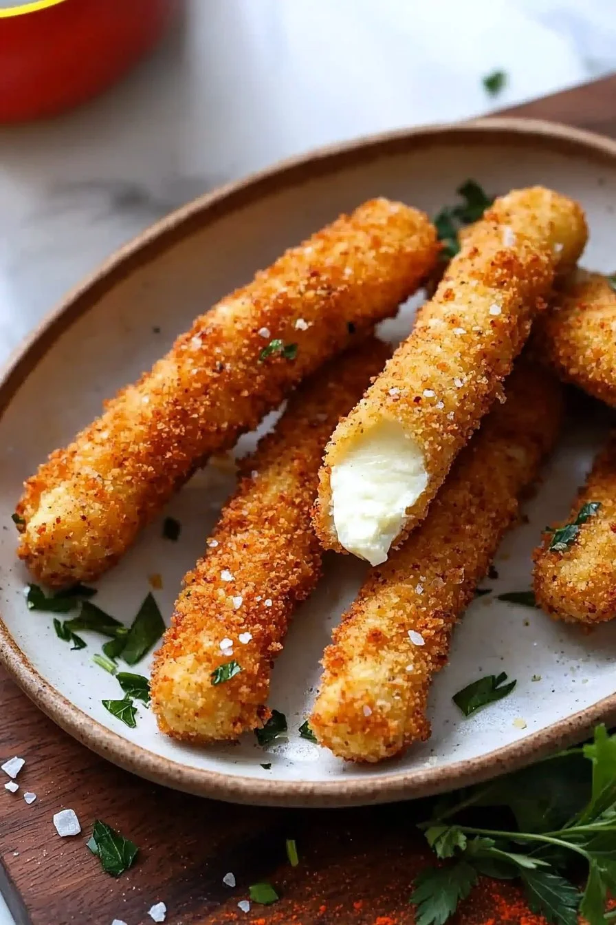 Hausgemachte knusprige Mozzarella-Sticks auf einem Teller serviert
