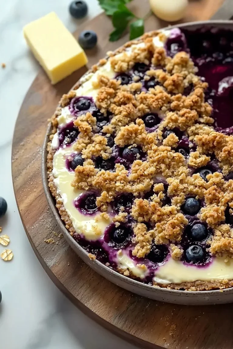 Heidelbeer-Crumble-Käsekuchen auf einem Teller serviert